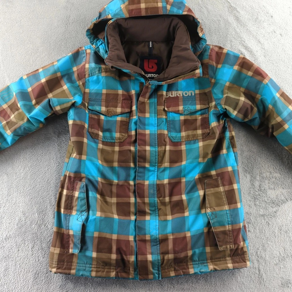 Burton Jacket Youth Large 14/16 Brown Blue Plaid Hooded DRYRIDE Snowboard Coat